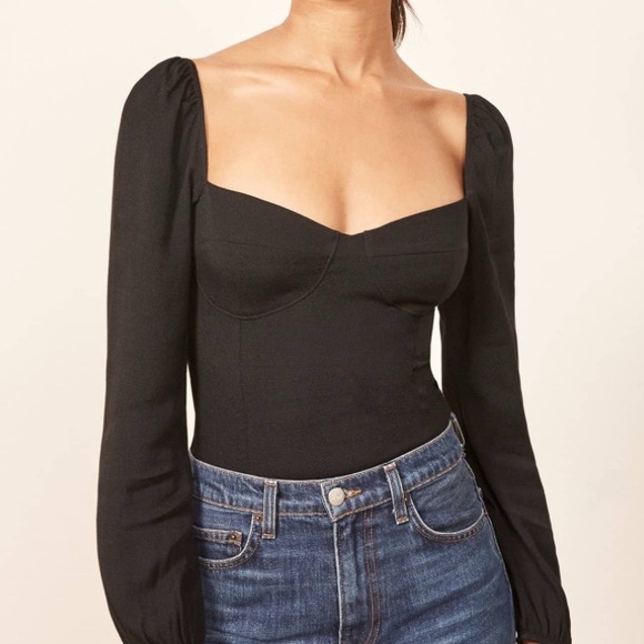 Reformation Tops - Reformation Black Bustier Long Sleeve Top Smocked Back Size 0